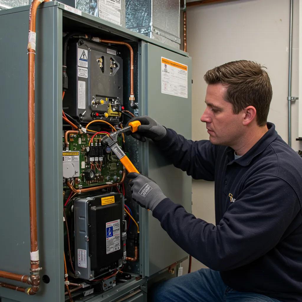 Essential Furnace Maintenance Signs You Can't Ignore 2 HVAC technician inspecting a furnace, highlighting the importance of addressing strange noises for maintenance