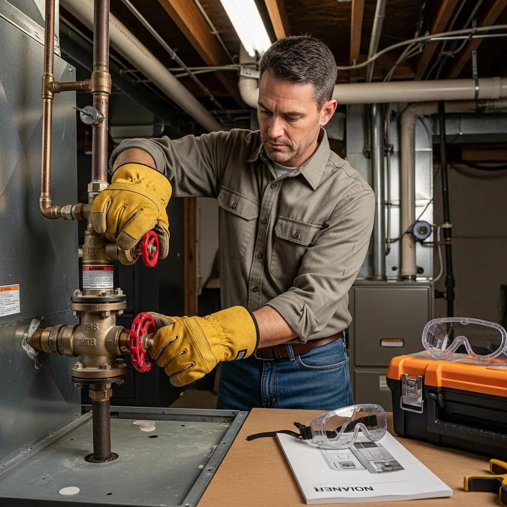 Homeowner turning off utilities ahead of furnace installation