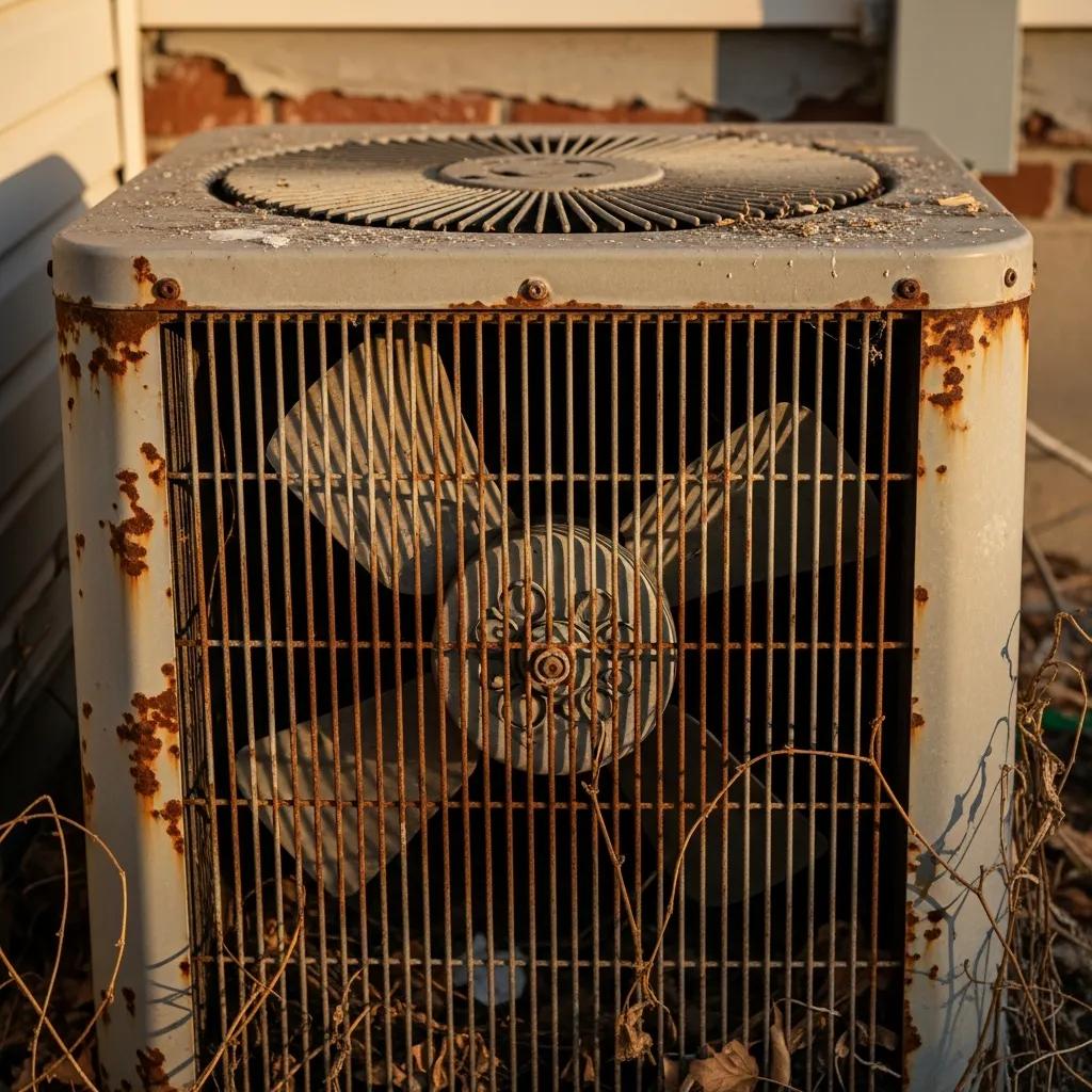 Close-up of an air conditioning unit showing signs of wear and tear, emphasizing the need for maintenance