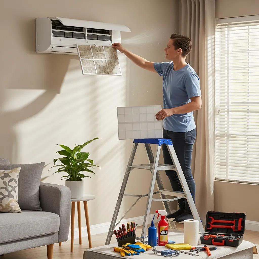 Homeowner changing an air filter in an air conditioning unit, illustrating essential maintenance tips