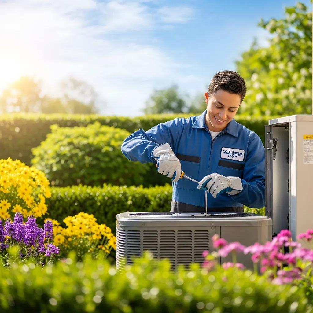 Technician performing spring maintenance on an air conditioning unit in a sunny garden