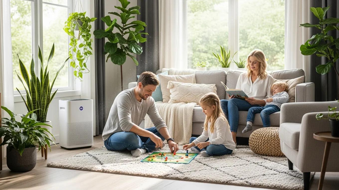Cozy living room with family and air purifier highlighting indoor air quality solutions